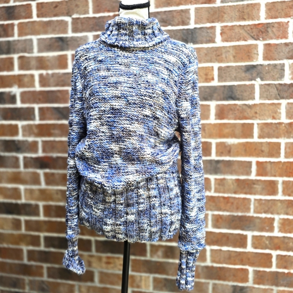 Blue Gold Marled Knit Cowl Neck Sweater Ribbed Hem Cozy Fall Size L